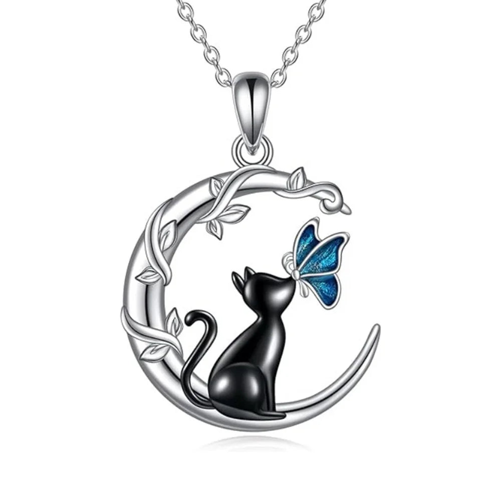 Moon, Cat and Butterfly Crystal Pendant Necklace with Whimsical Charm