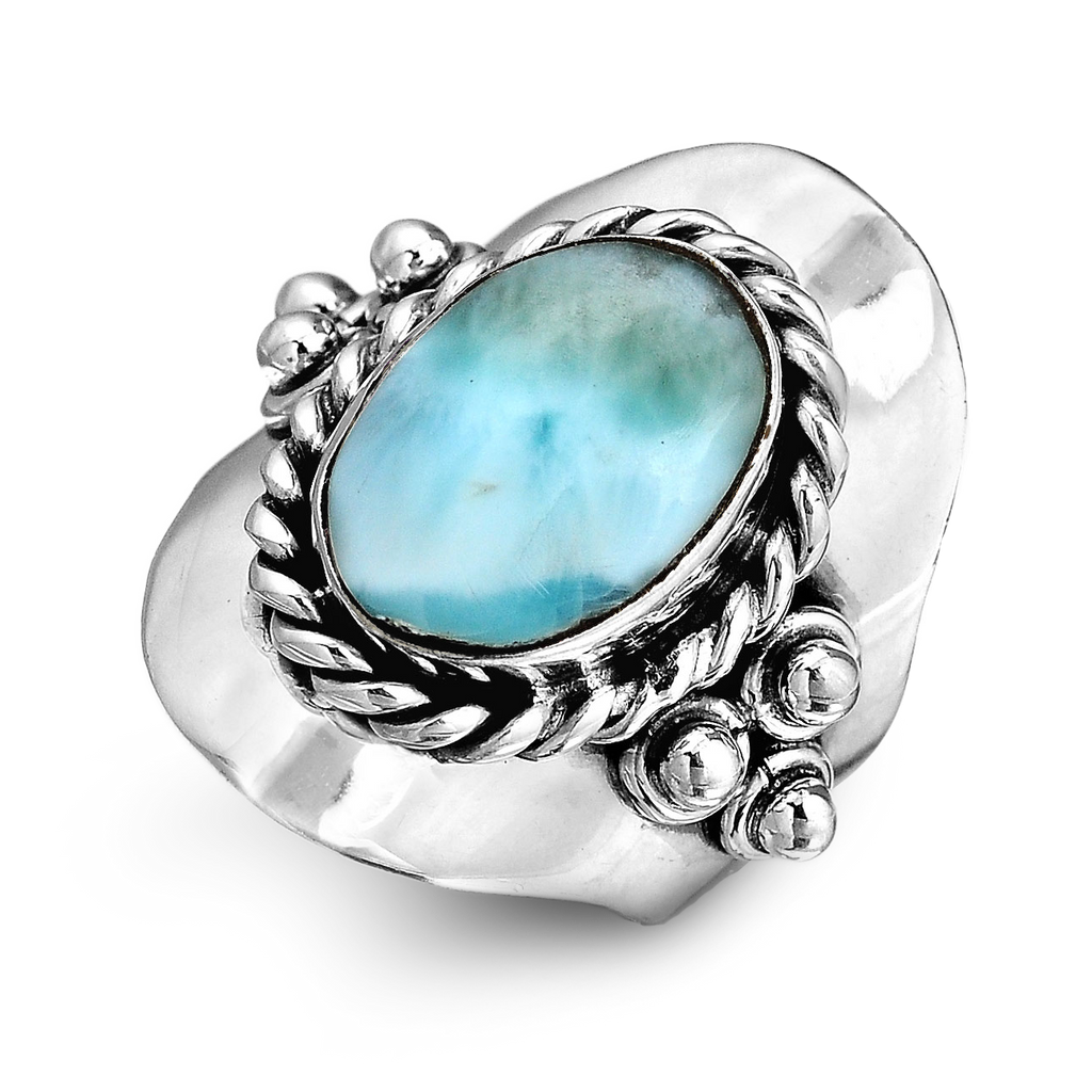 Oval Pale Blue Stone Boho Ring in Silver Colour with Relaxed Style