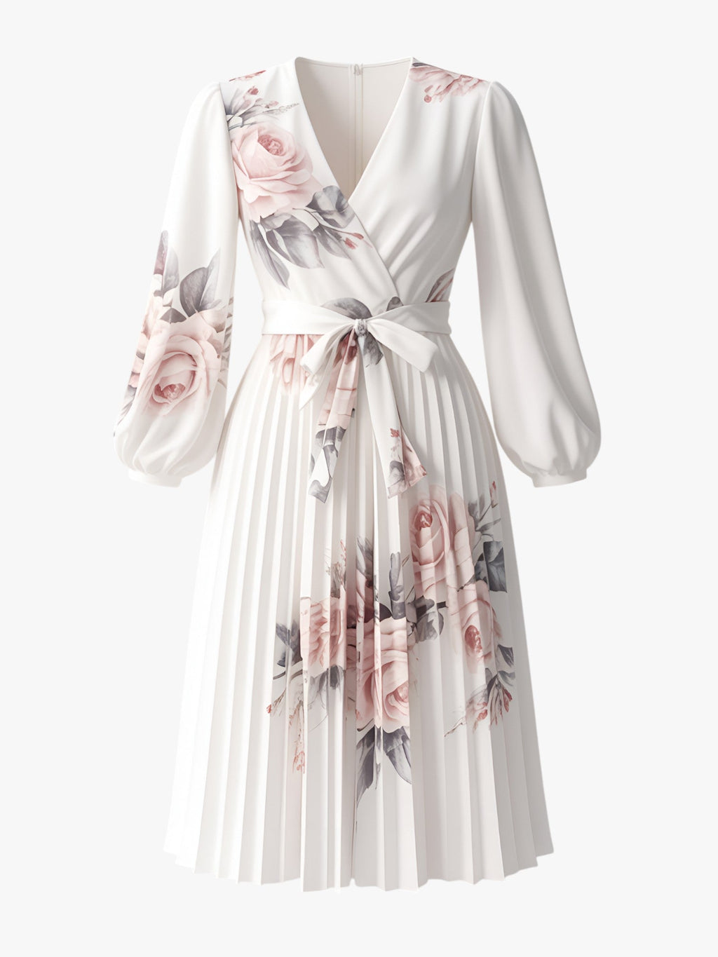 Vestido largo con estampado floral, cuello de pico y falda plisada