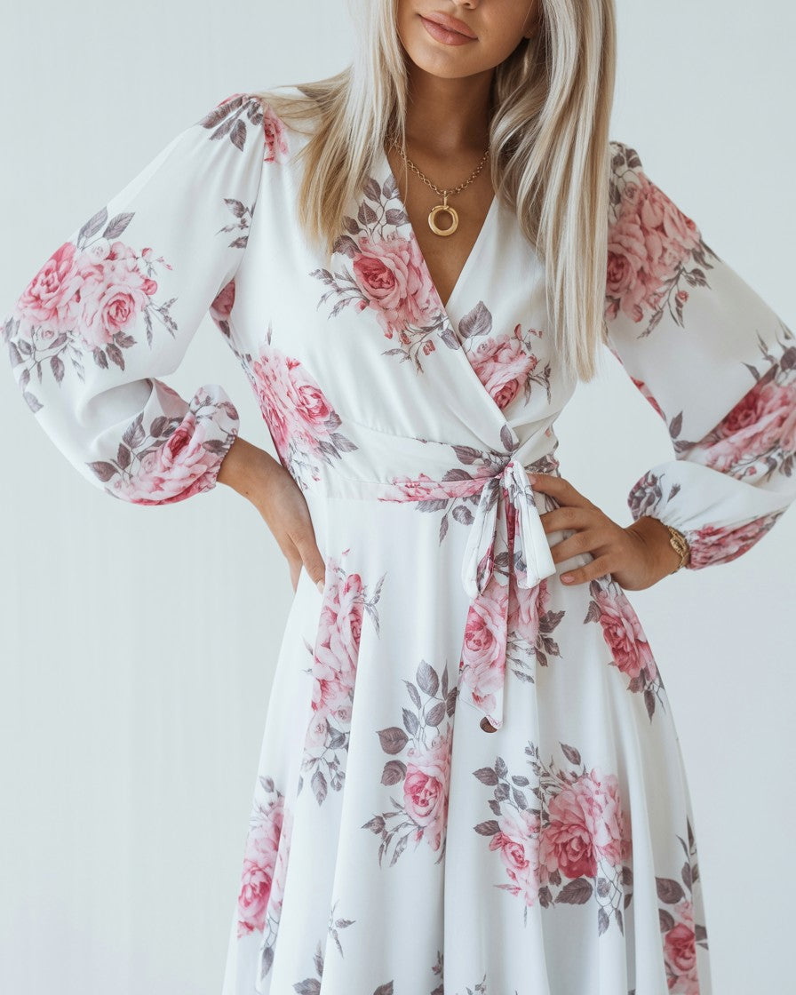 Vestido largo con estampado floral, cuello de pico y falda plisada