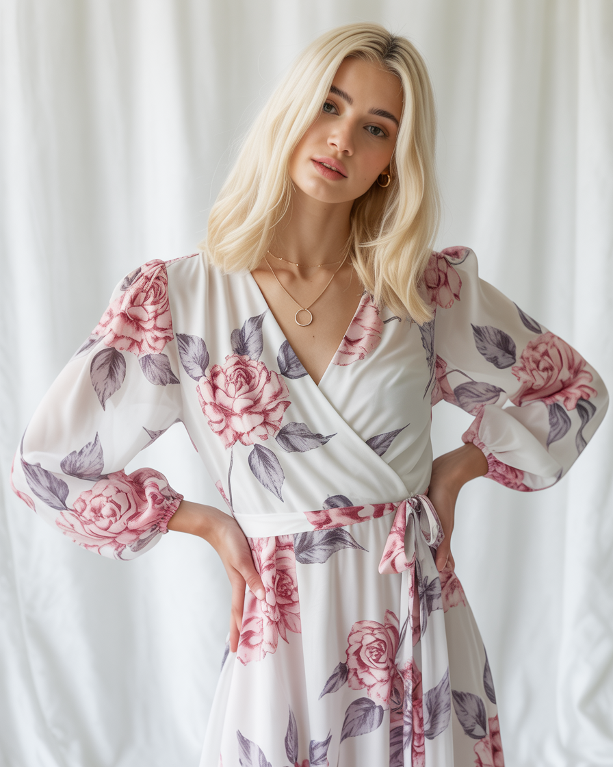 Vestido largo con estampado floral, cuello de pico y falda plisada