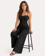 Lace-Up Top and Wide-Leg Trousers Co-Ord Set