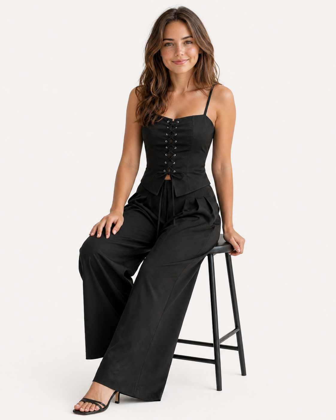 Lace-Up Top and Wide-Leg Trousers Co-Ord Set