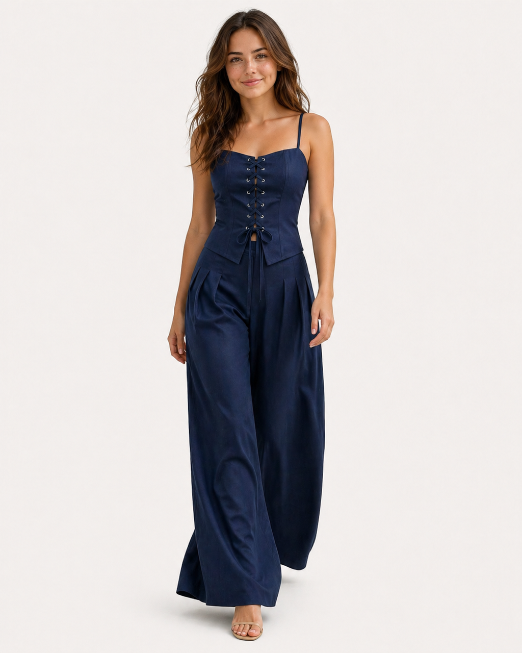 Lace-Up Top and Wide-Leg Trousers Co-Ord Set