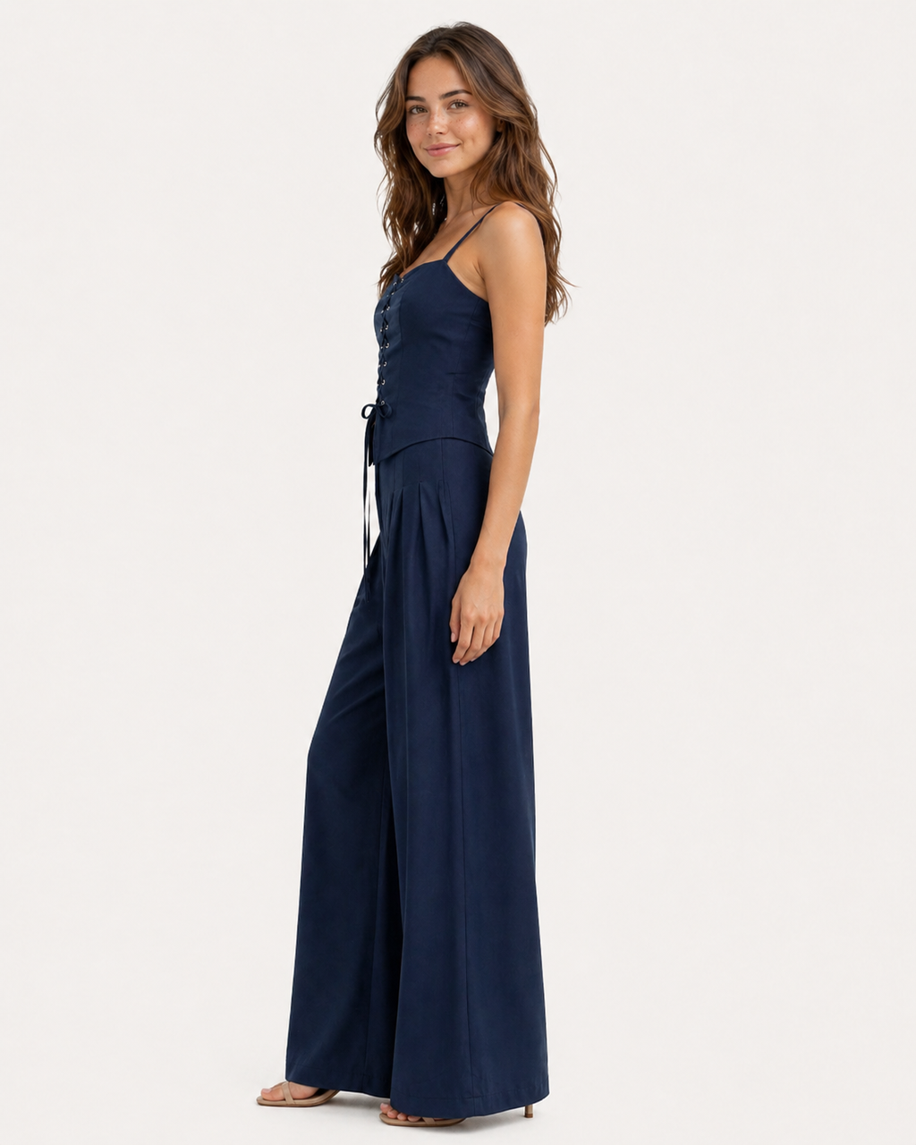 Lace-Up Top and Wide-Leg Trousers Co-Ord Set