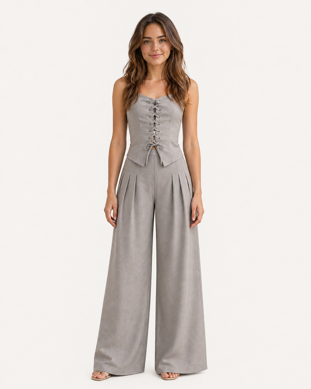 Lace-Up Top and Wide-Leg Trousers Co-Ord Set