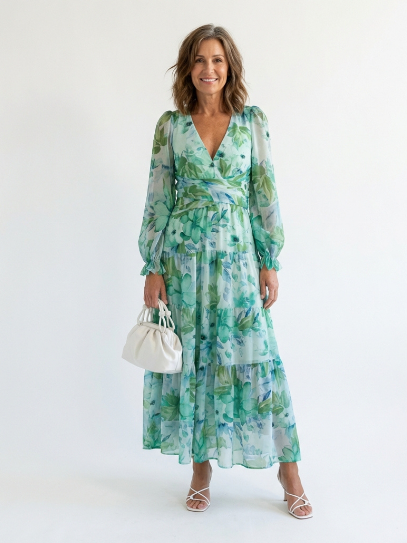Floral Maxi Dress with Long Sleeves and Ruched Waist