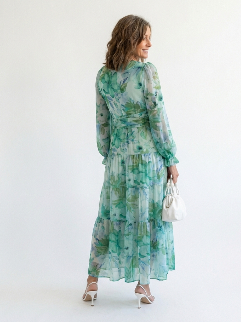 Floral Maxi Dress with Long Sleeves and Ruched Waist