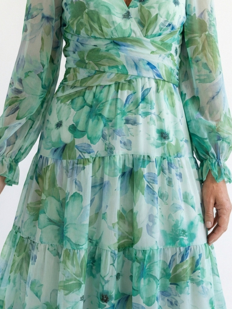 Floral Maxi Dress with Long Sleeves and Ruched Waist