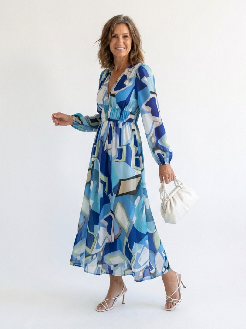 Floral Maxi Dress with Long Sleeves and Ruched Waist