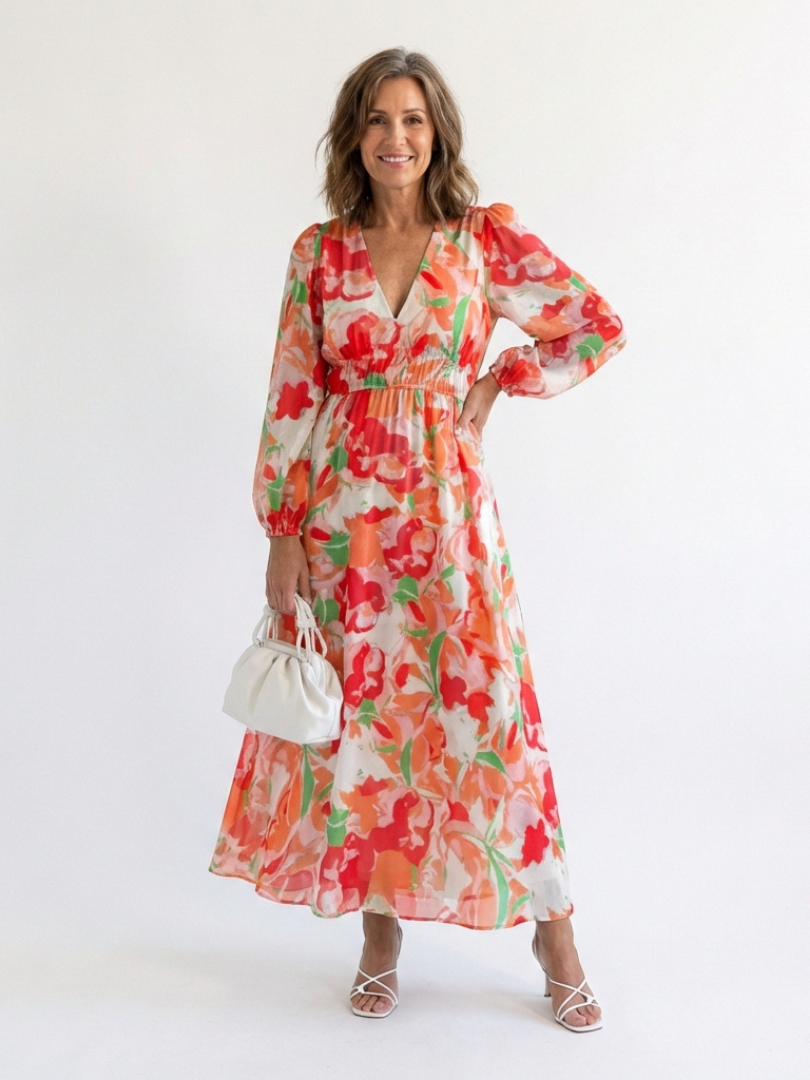 Floral Maxi Dress with Long Sleeves and Ruched Waist
