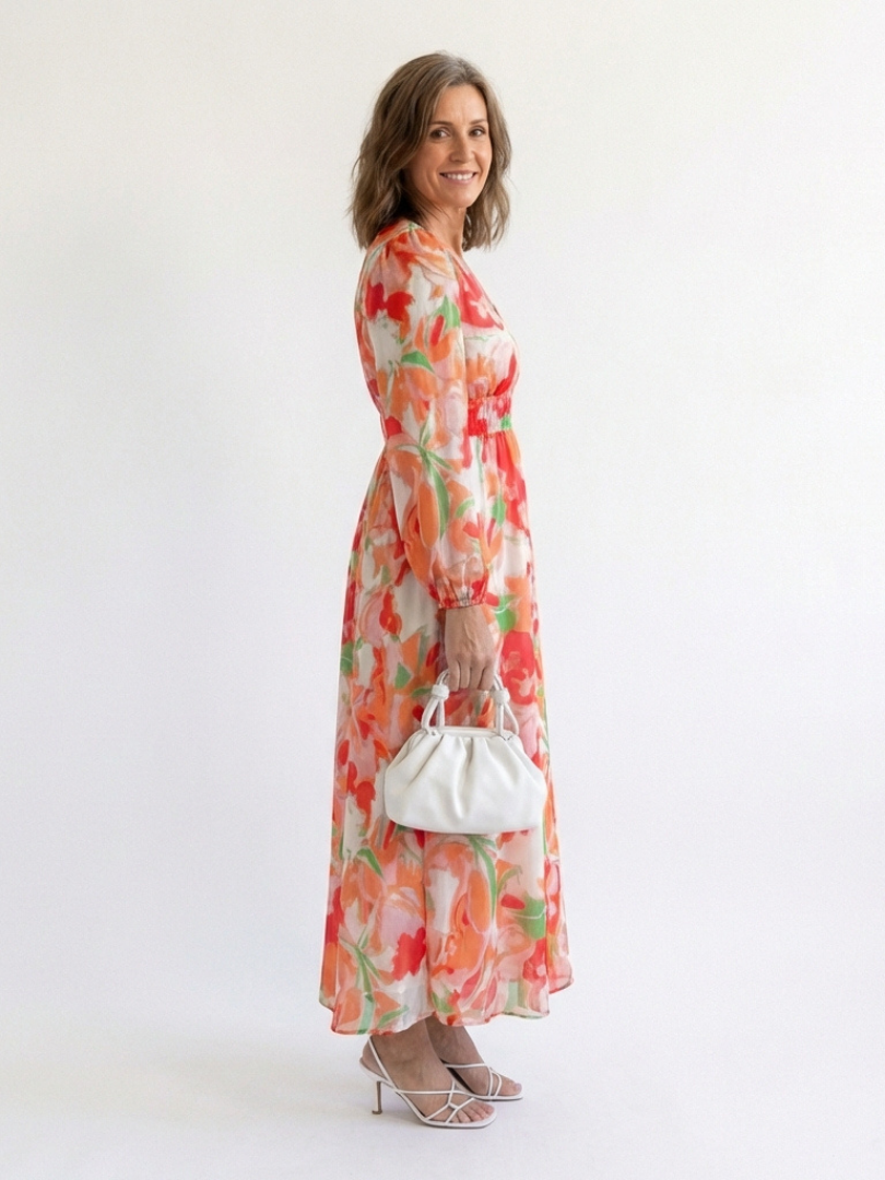 Floral Maxi Dress with Long Sleeves and Ruched Waist