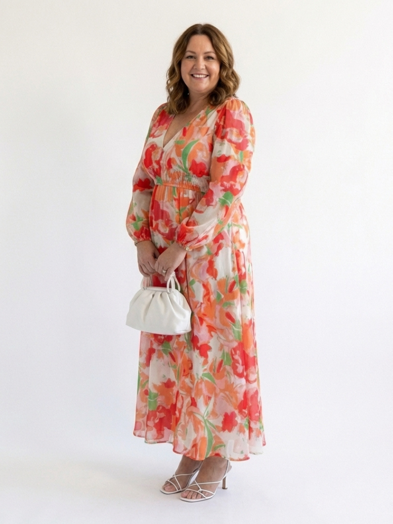 Floral Maxi Dress with Long Sleeves and Ruched Waist
