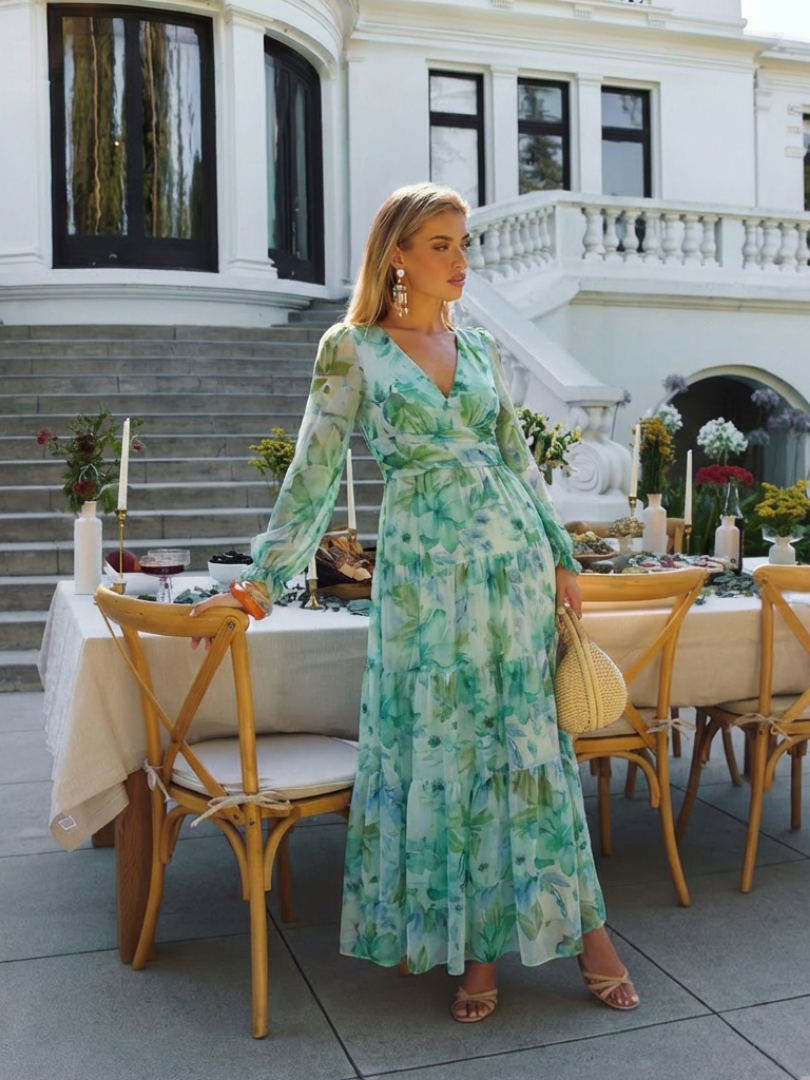 Floral Maxi Dress with Long Sleeves and Ruched Waist