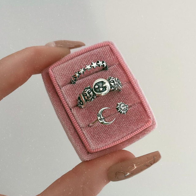Moon and Star Ring Pack with Celestial Designs in Silver Colour