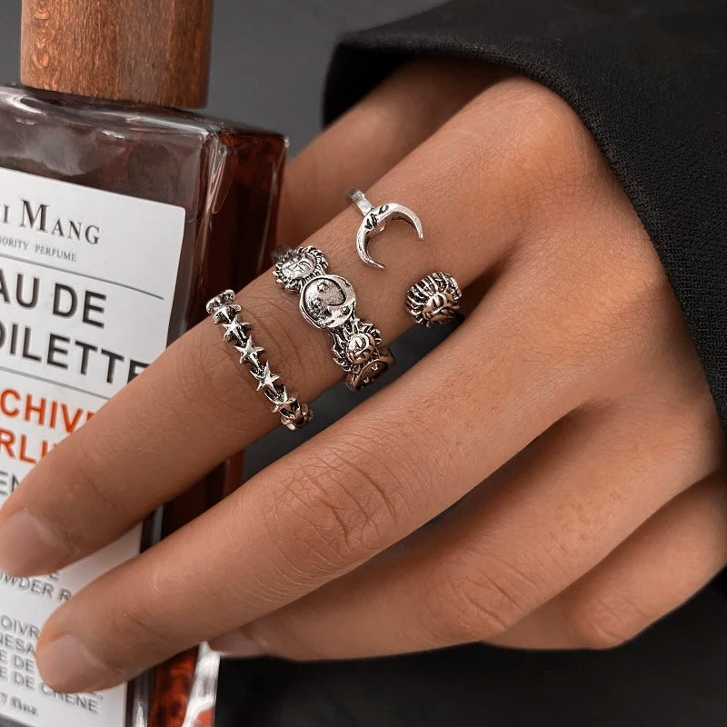 Moon and Star Ring Pack with Celestial Designs in Silver Colour