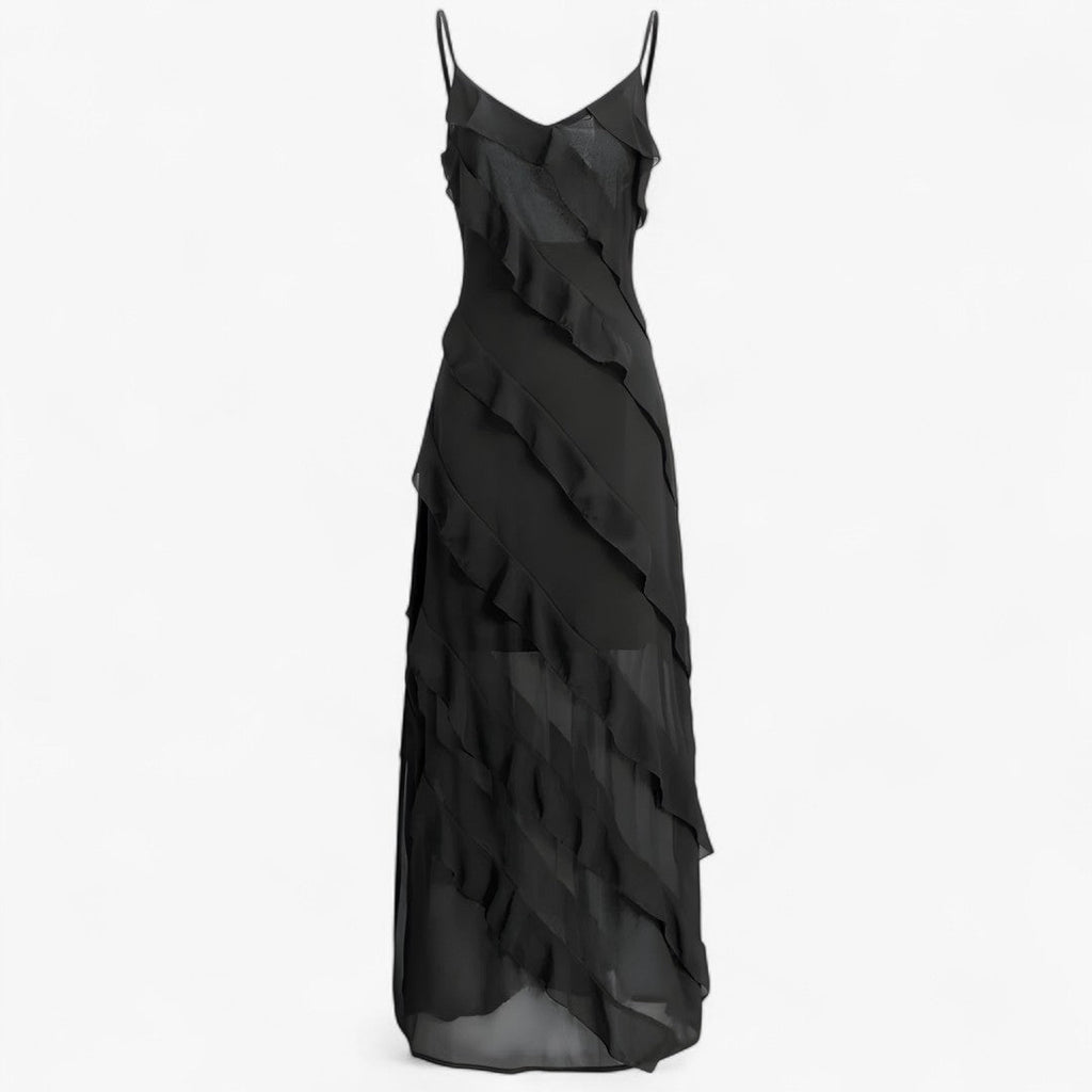 Layered Ruffle Maxi Dress with Thin Adjustable Straps