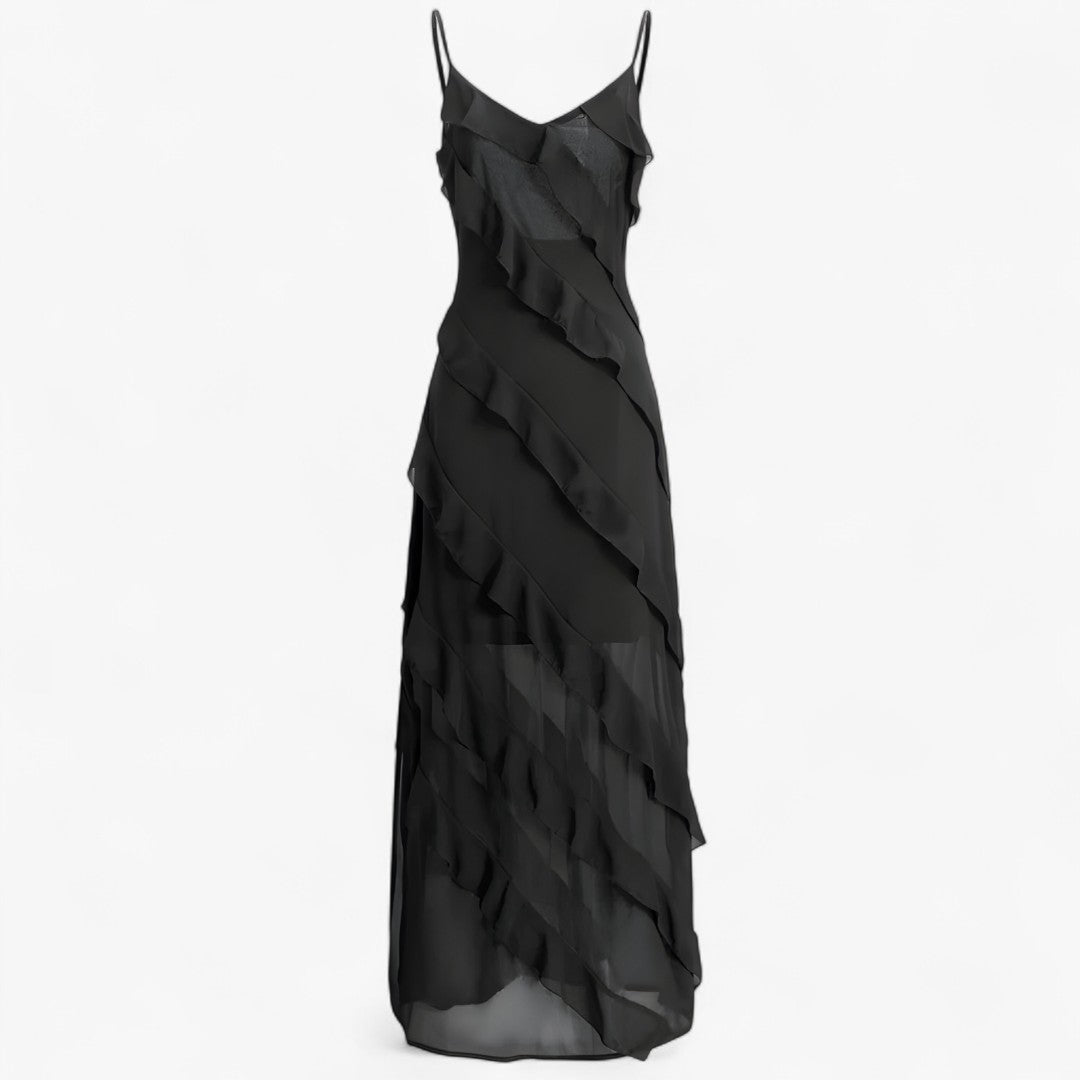 Layered Ruffle Maxi Dress with Thin Adjustable Straps