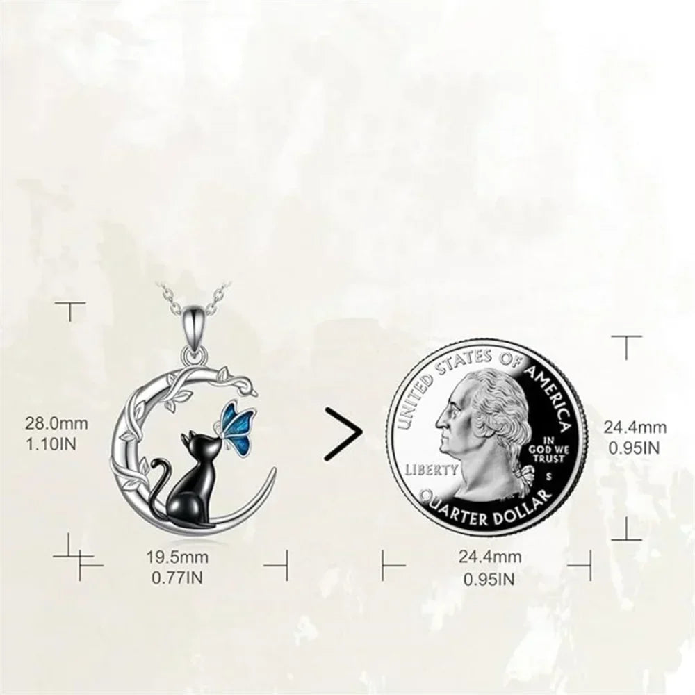 Moon, Cat and Butterfly Crystal Pendant Necklace with Whimsical Charm