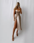 Colour-Block Pleated Maxi Dress in Polyester, Sleeveless