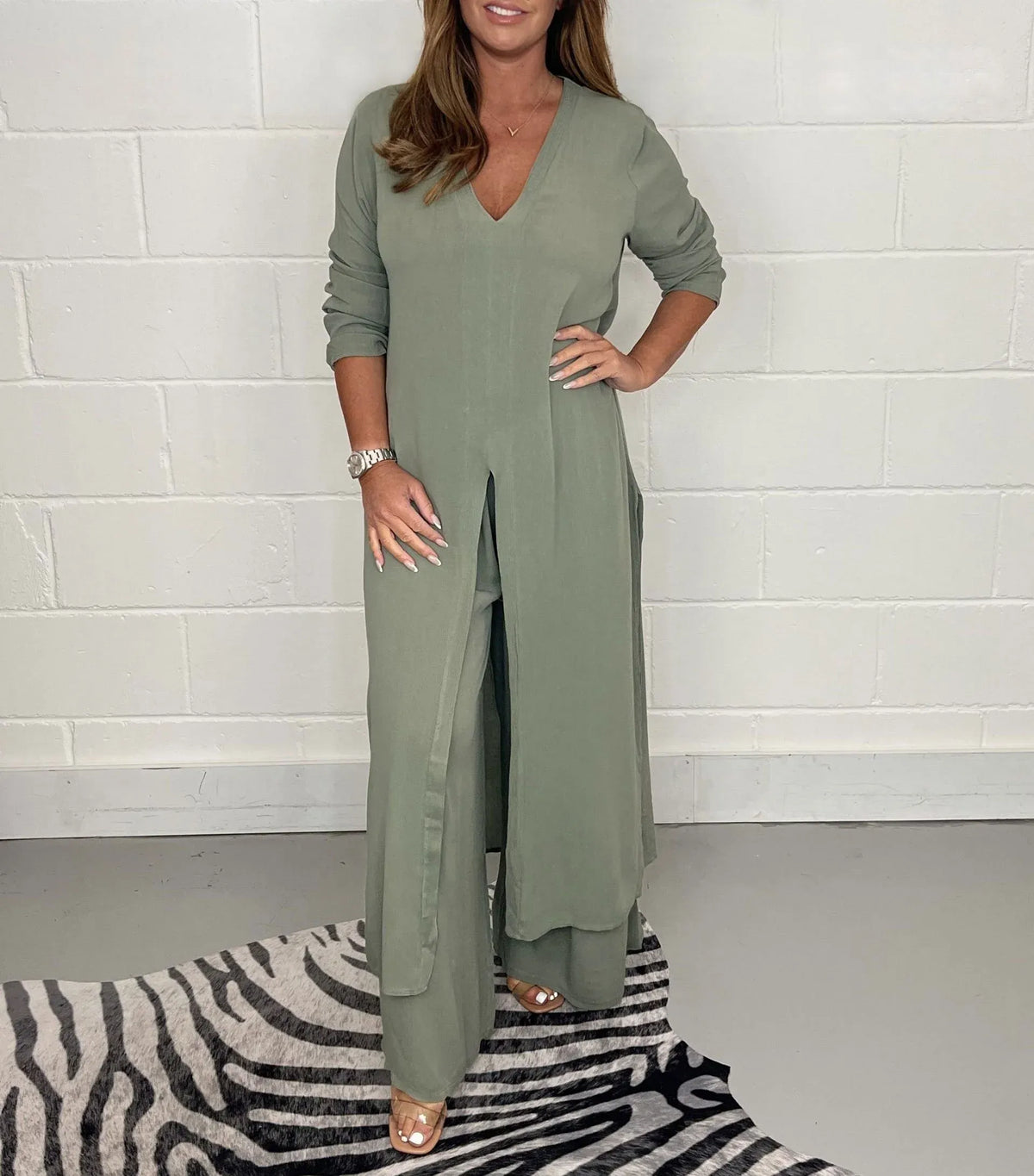 Checked Two Piece Set with Wide Leg Elasticated Trousers