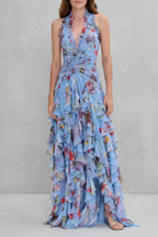 Floral Halter Maxi Dress with an Elegant Layered Detail