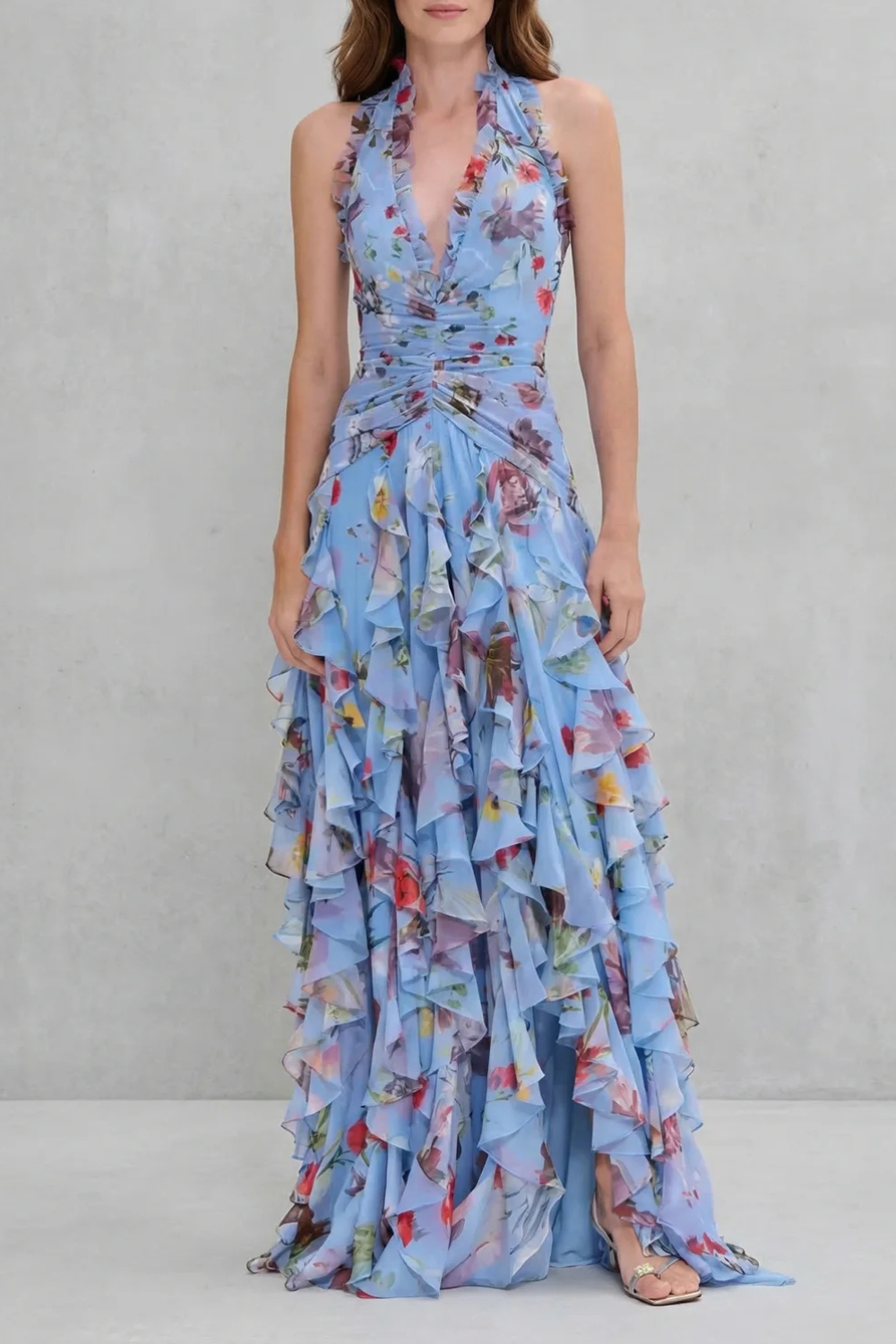 Floral Halter Maxi Dress with an Elegant Layered Detail