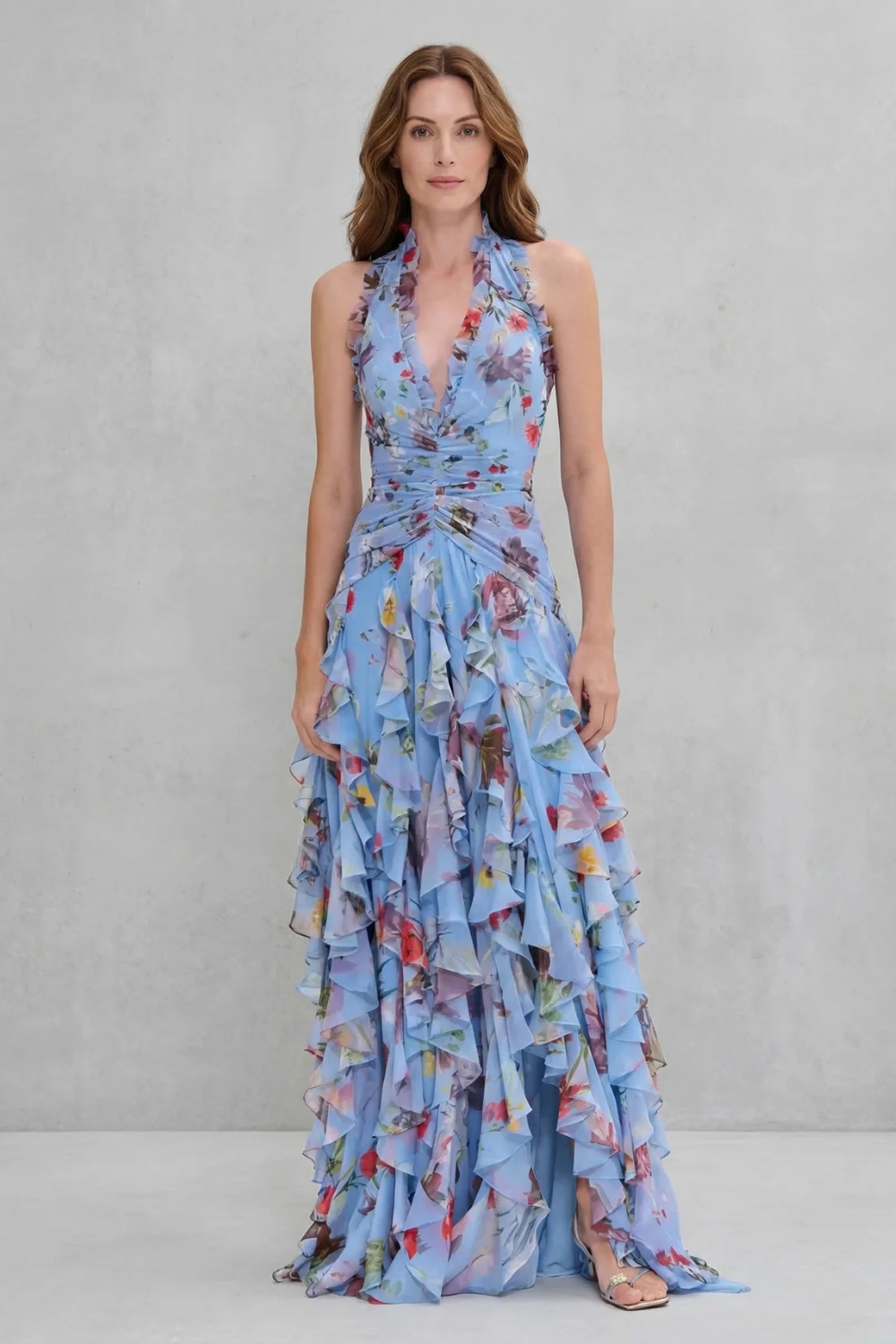 Floral Halter Maxi Dress with an Elegant Layered Detail