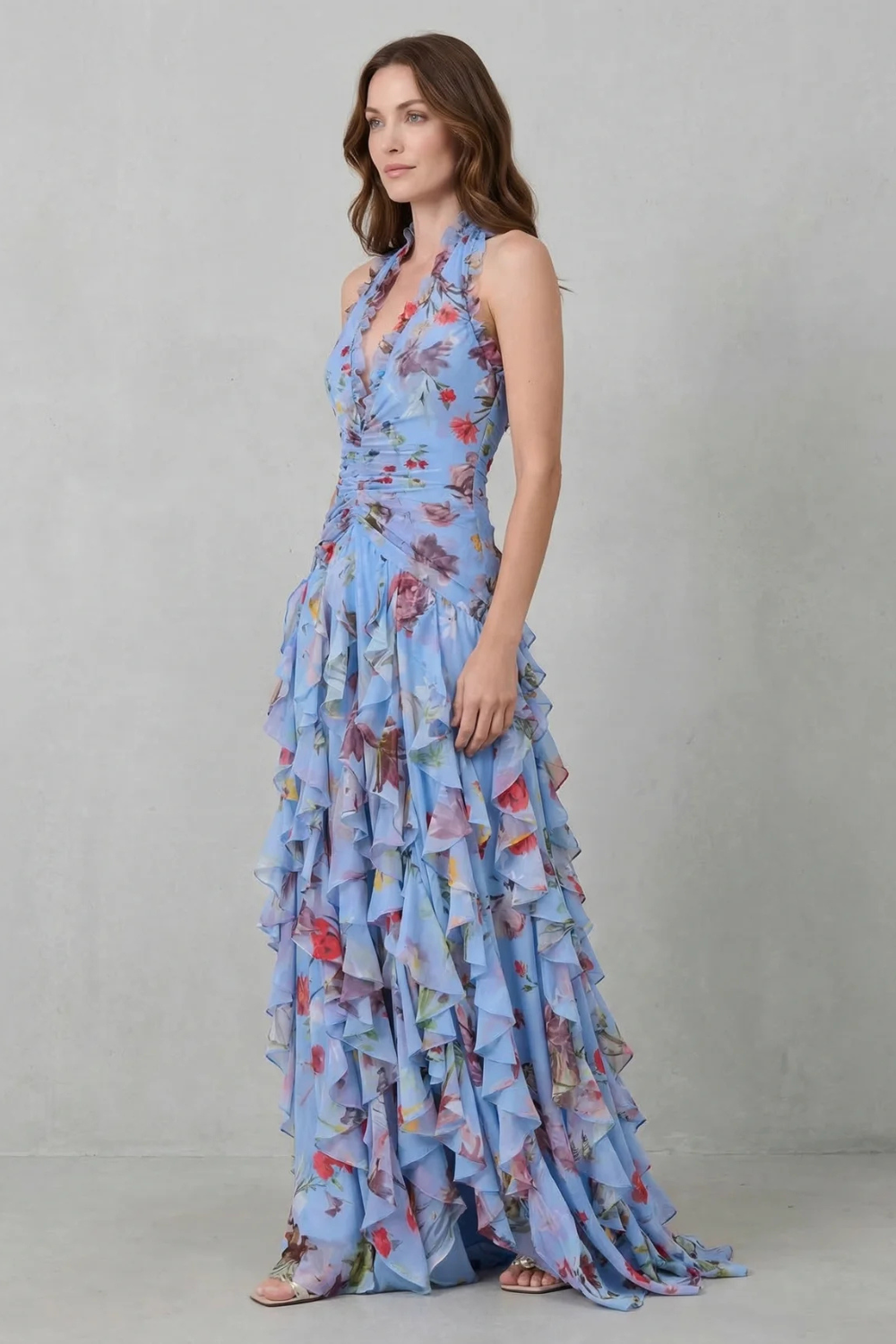 Floral Halter Maxi Dress with an Elegant Layered Detail