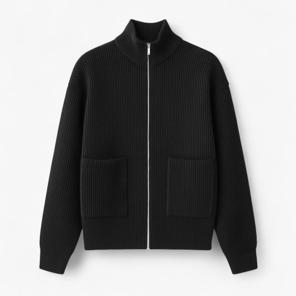 Full-Zip Knit Sweater with Stand Collar and Pockets