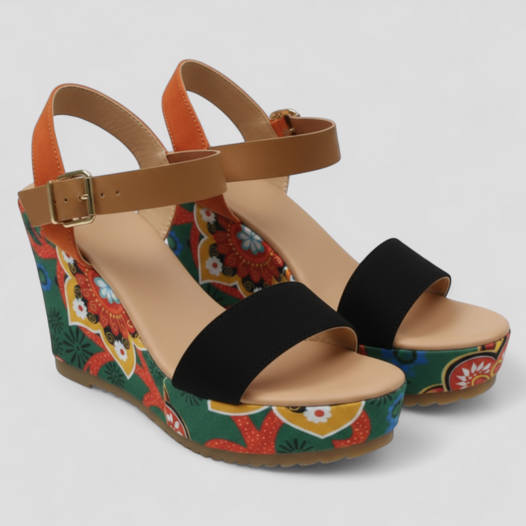 Sandalias florales con plataforma, puntera abierta y tacón de cuña