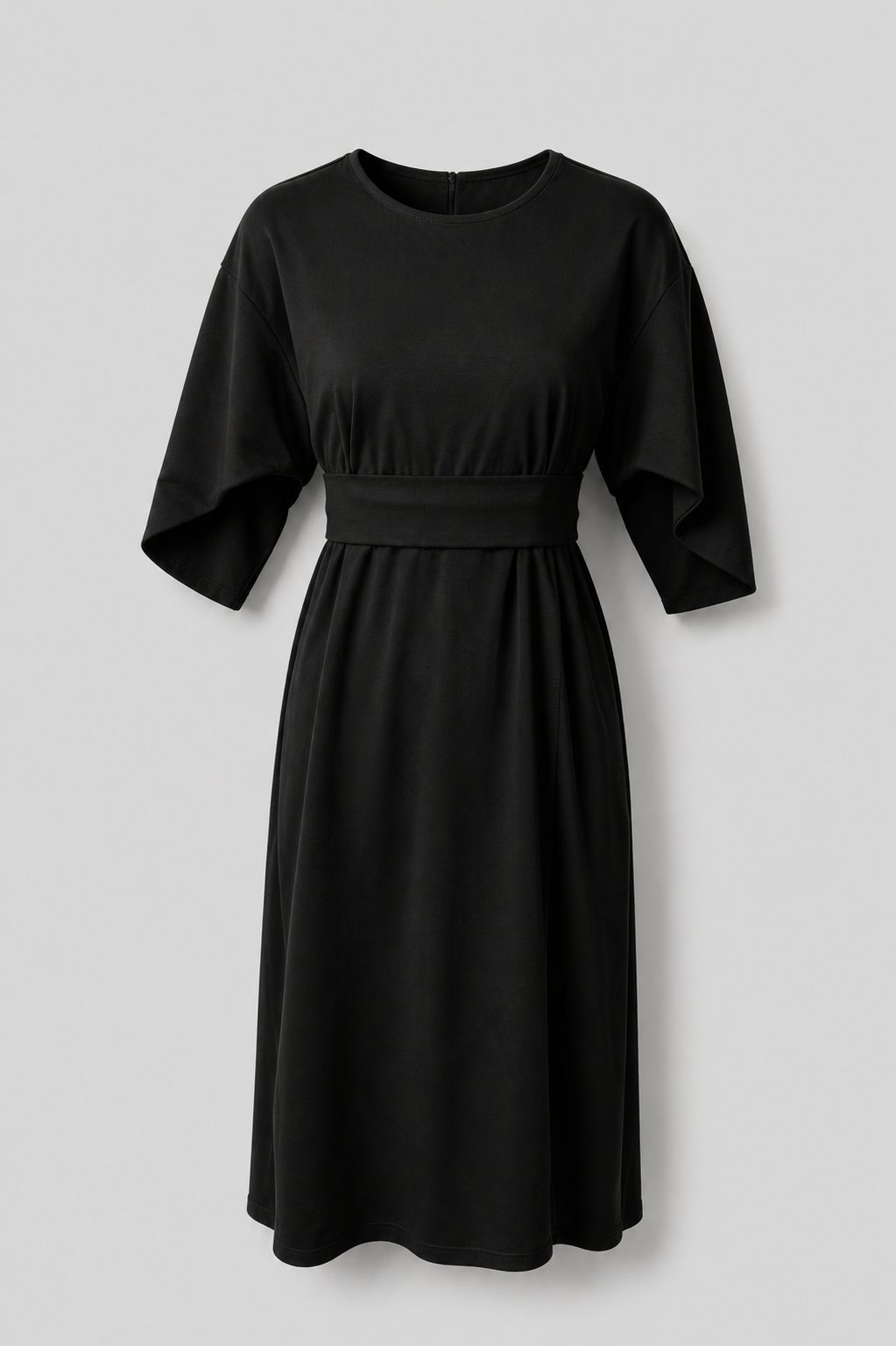 Asymmetric Belted Dress with Voluminous Sleeves