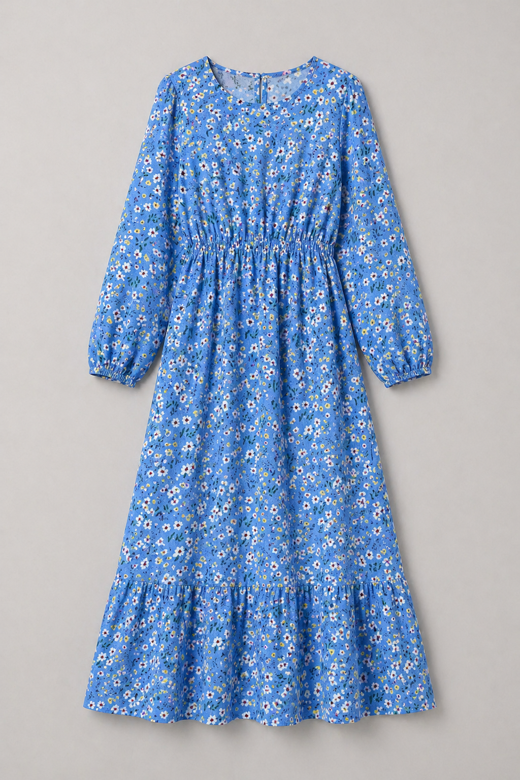 Floral Print Long-Sleeve Dress with Waist Seam