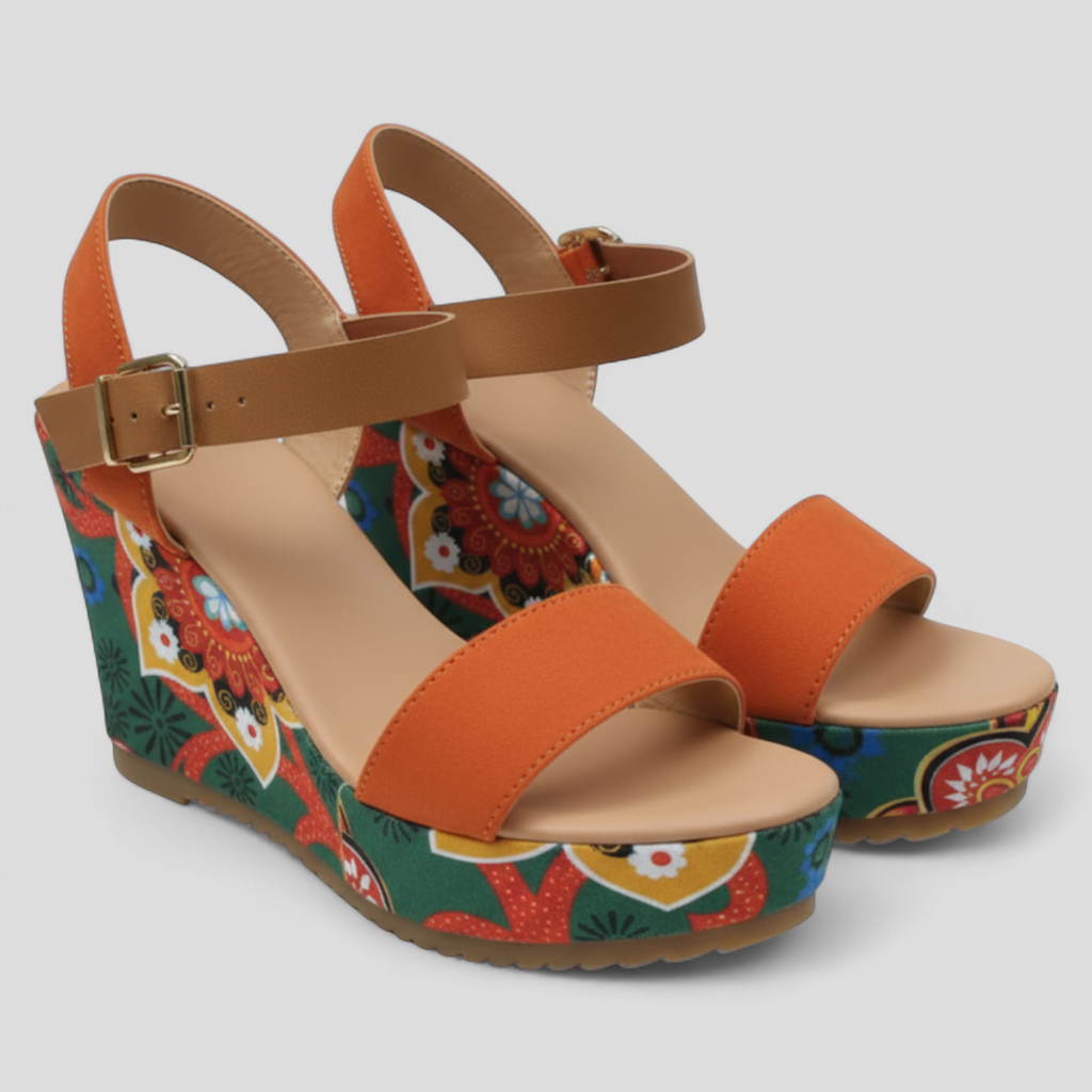 Sandalias florales con plataforma, puntera abierta y tacón de cuña