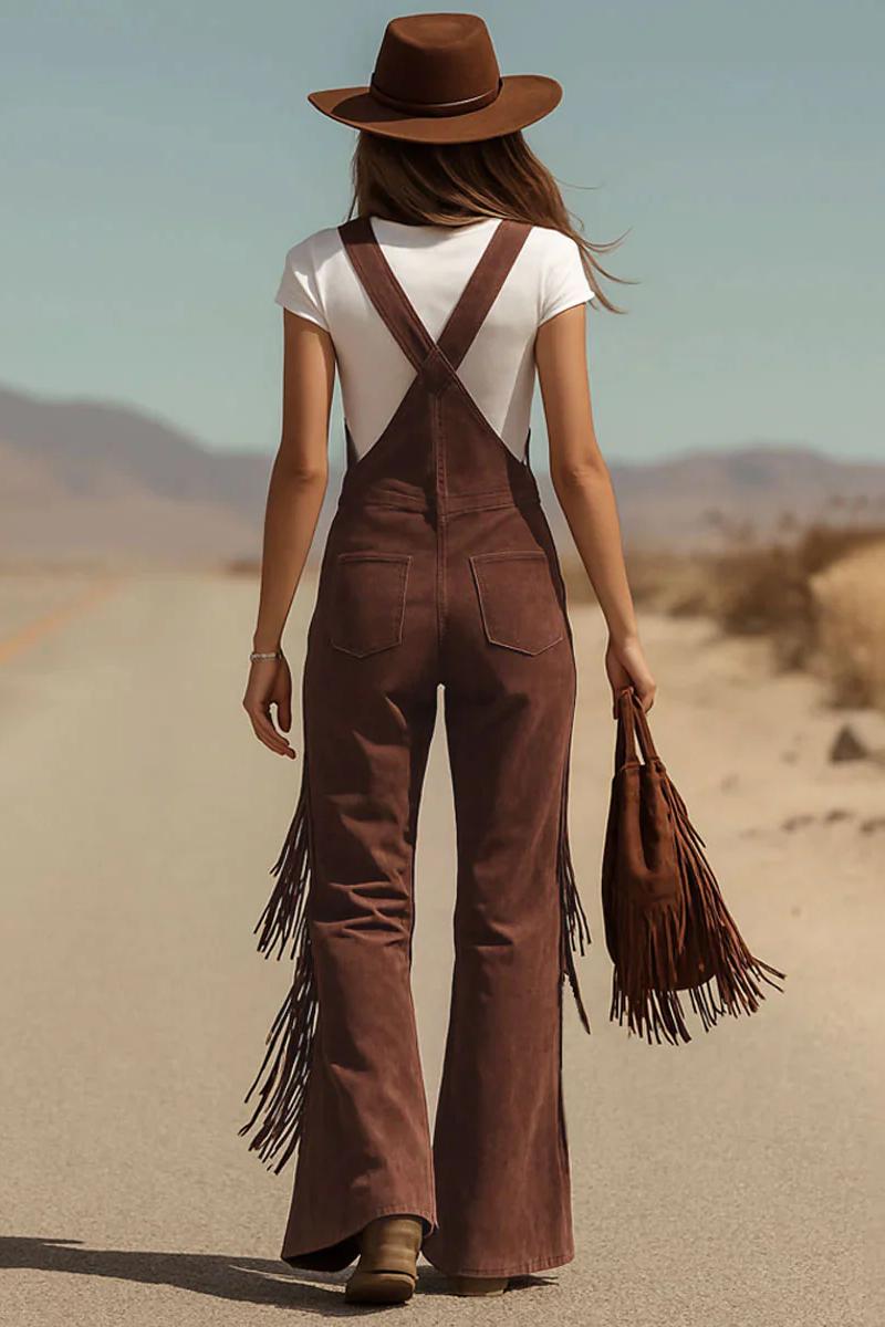 Suede Look Overalls with Fringe Detail and Button Front