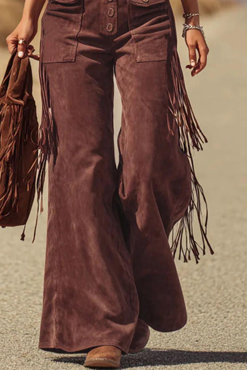 Suede Look Overalls with Fringe Detail and Button Front