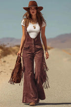 Suede Look Overalls with Fringe Detail and Button Front