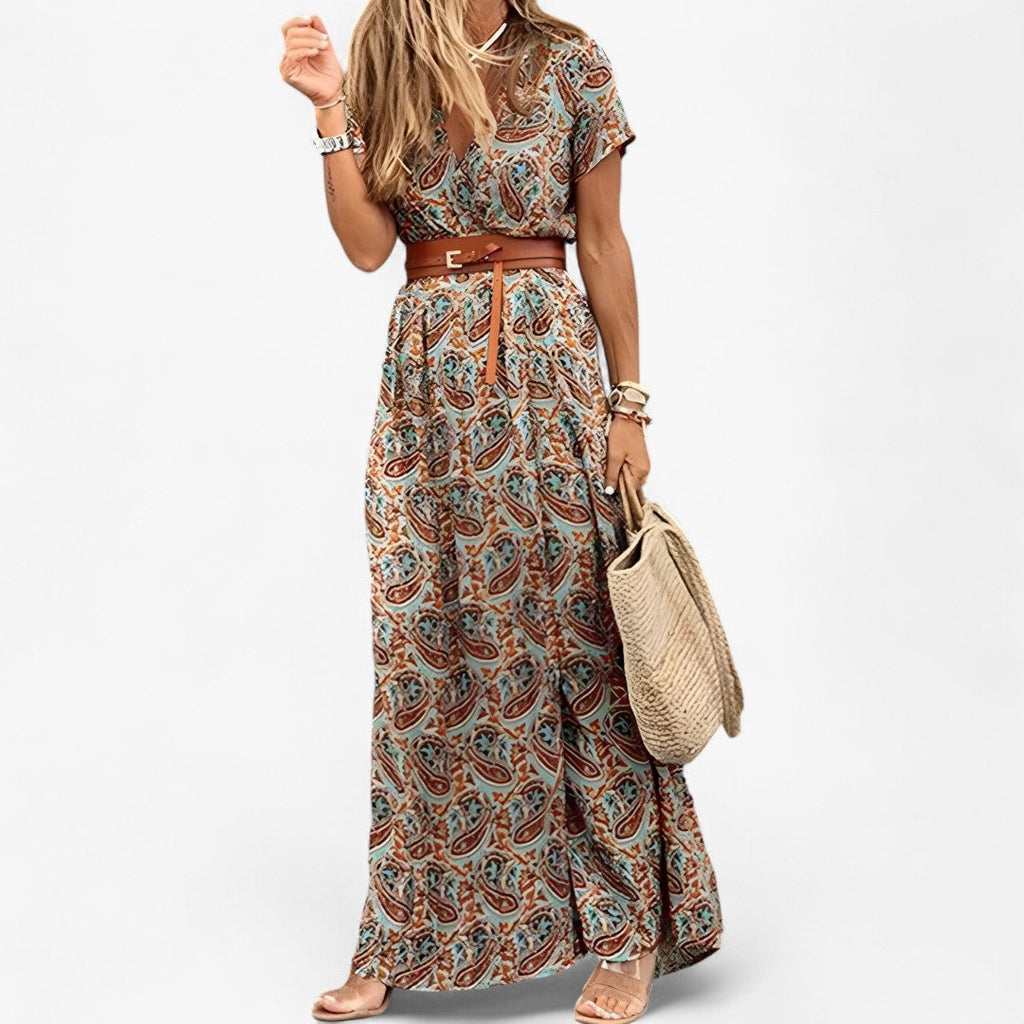 Long Boho-Style Paisley Print Maxi Dress with Straps