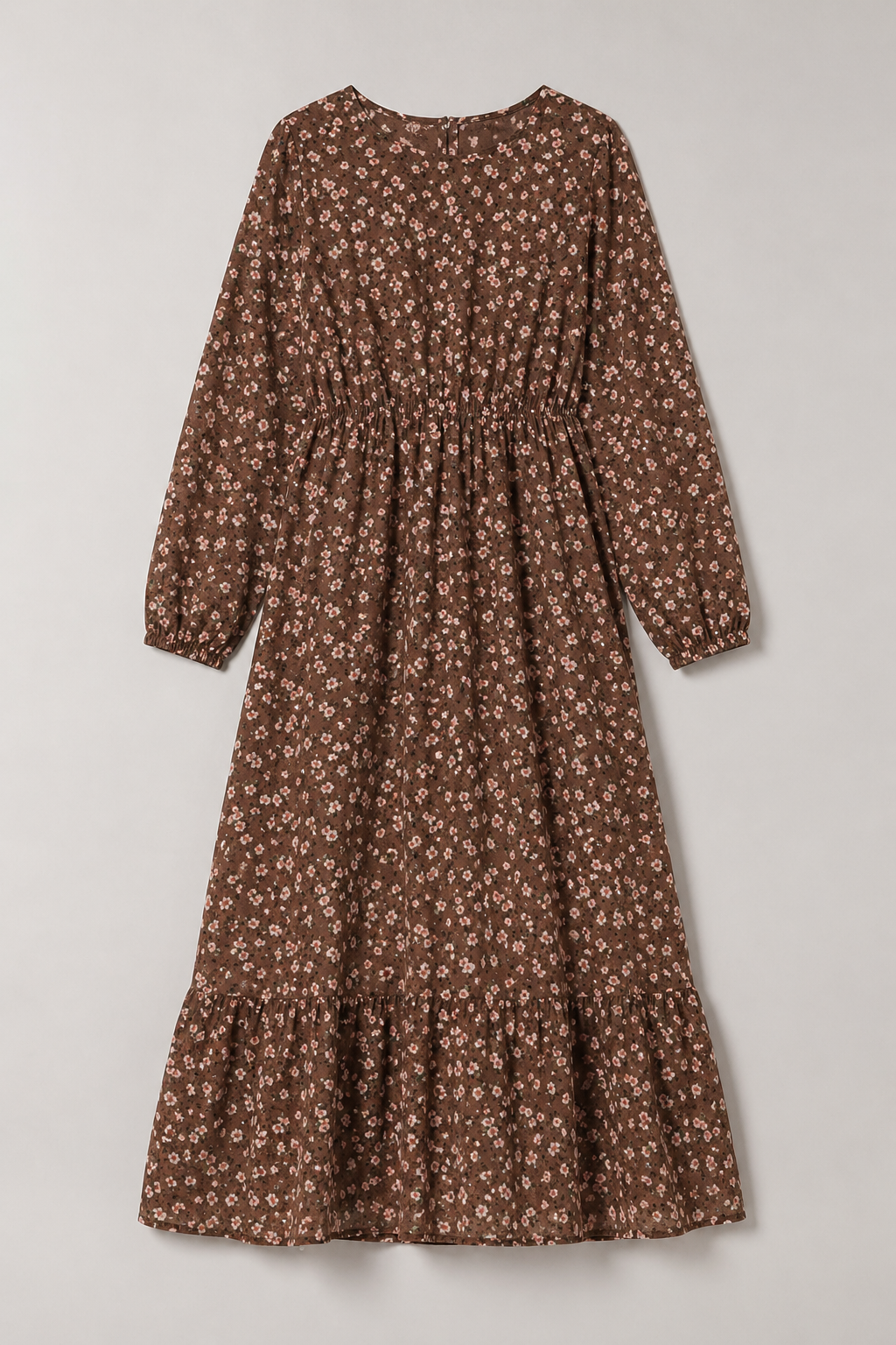Floral Print Long-Sleeve Dress with Waist Seam
