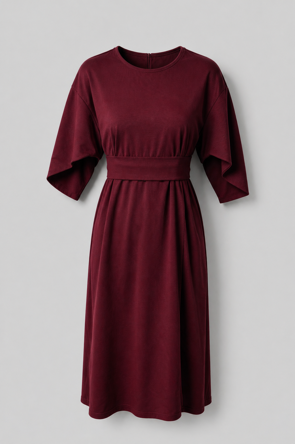 Asymmetric Belted Dress with Voluminous Sleeves