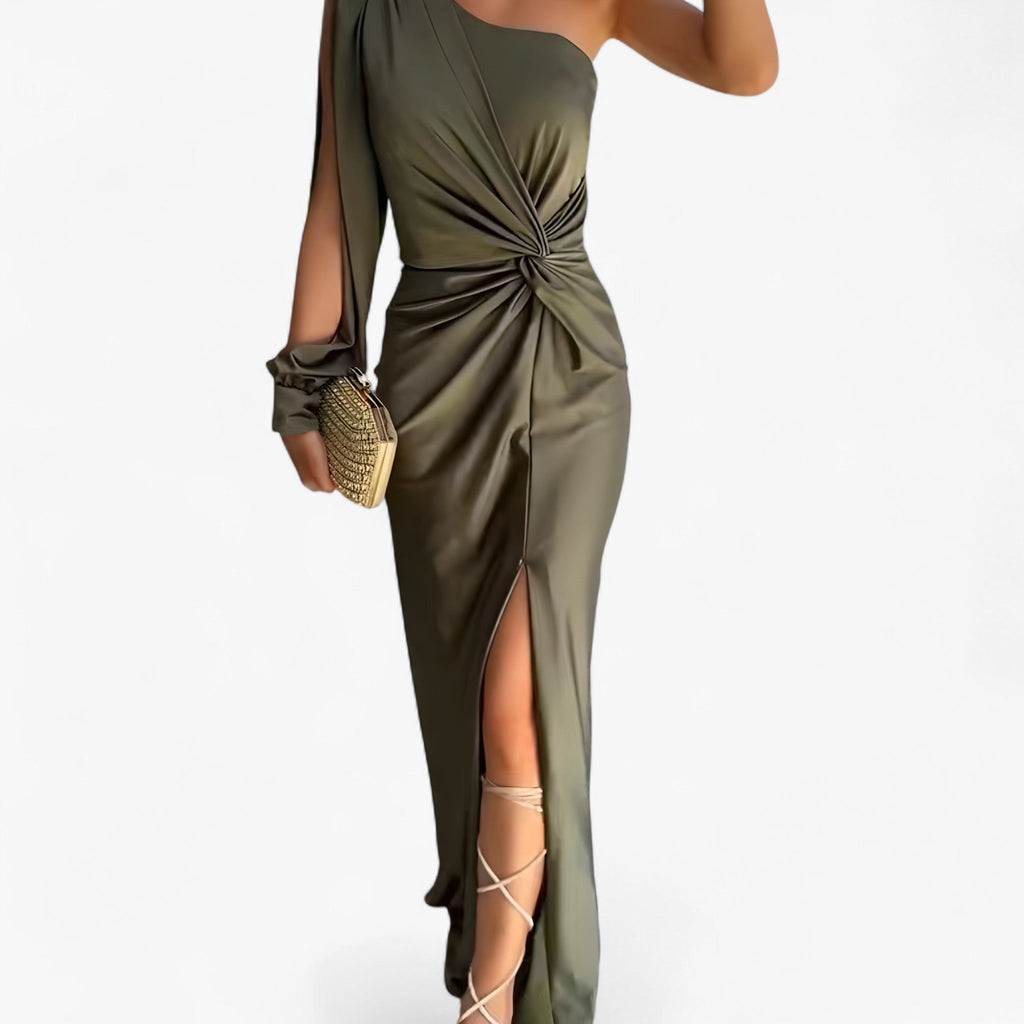 Satin-Look Long Dress with Draped, Fluid Silhouette