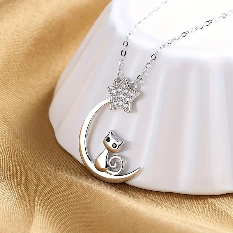 Cat, Moon and Star Pendant Necklace in Silver Colour