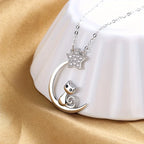 Cat, Moon and Star Pendant Necklace in Silver Colour