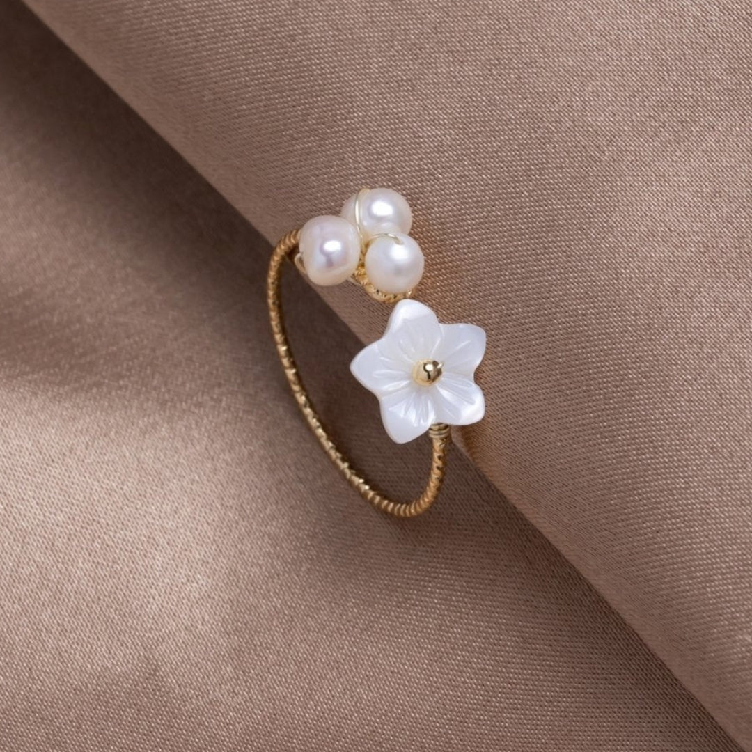 White Blossom Ring with Faux Pearls in Gold Colour