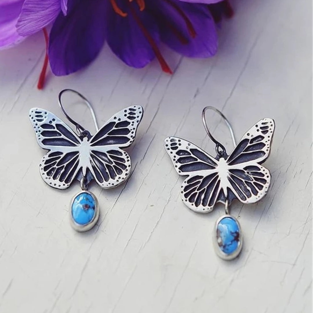 Vintage-Style Butterfly Earrings with Blue Stone in Silver Colour