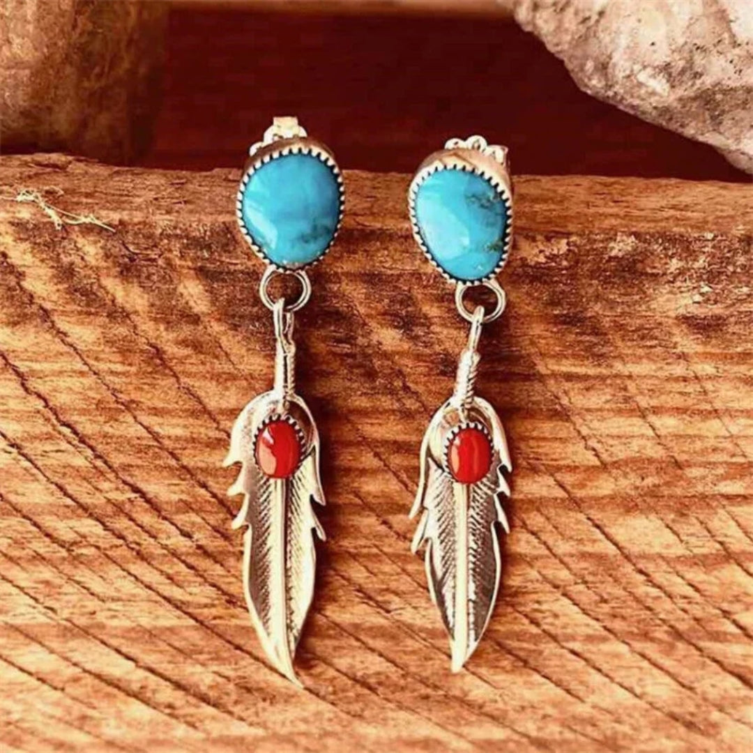 Blue-Green Stone Feather Earrings with Vintage Look