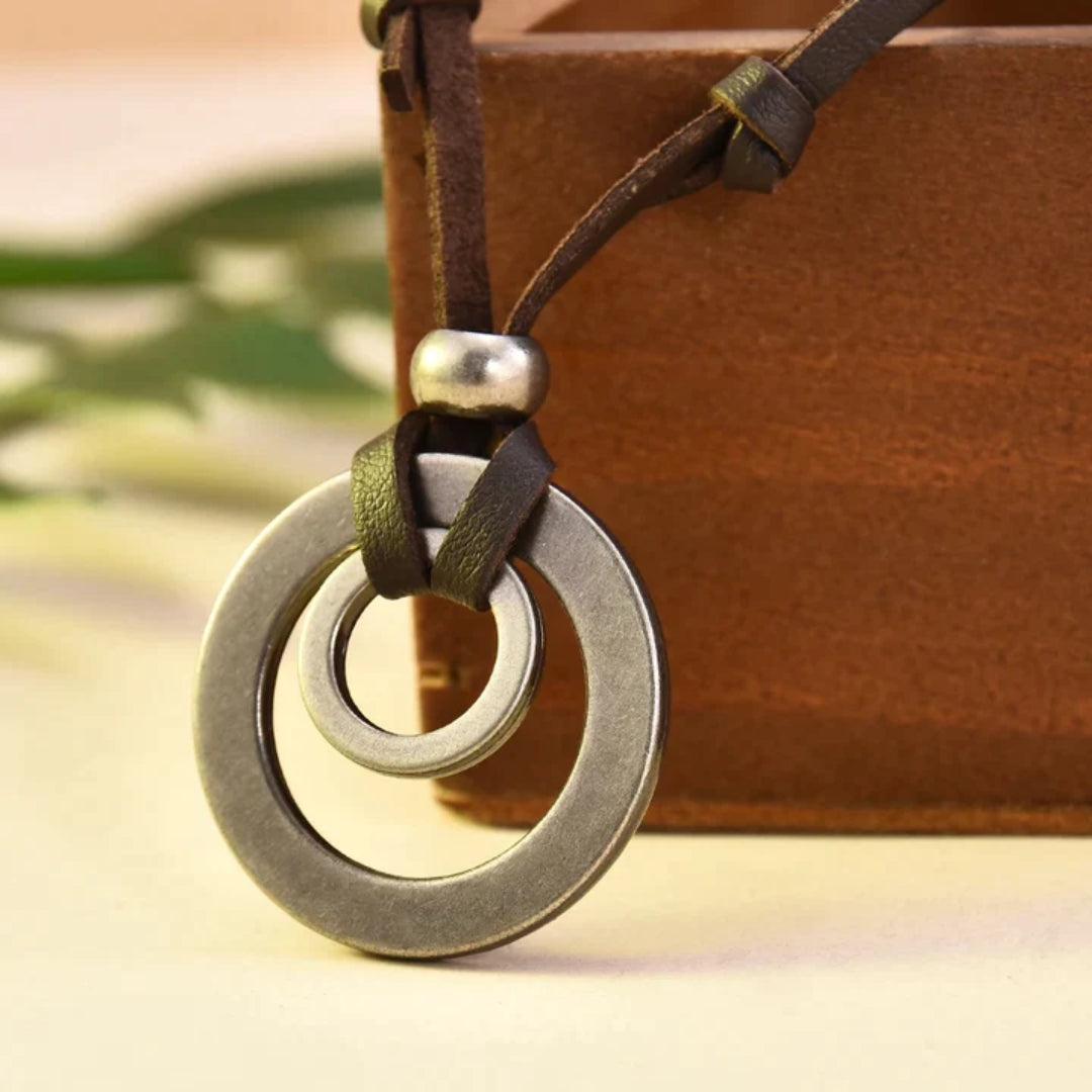 Double Ring Pendant Necklace on Leather-Look Cord with Relaxed Style