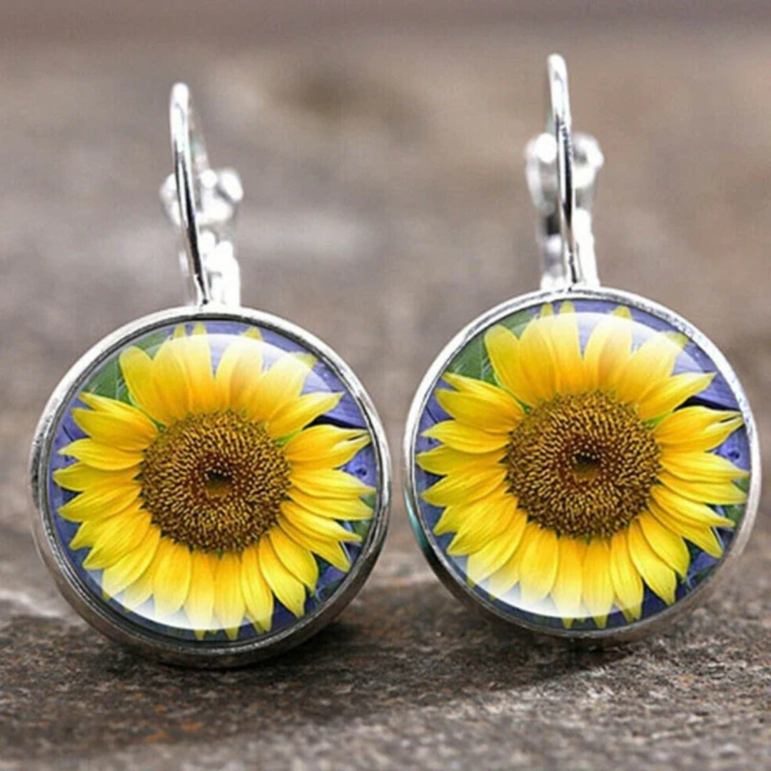 Sunflower Glass Dome Earrings in Silver Colour with Glossy Finish