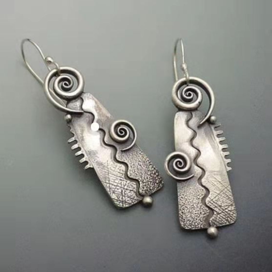 Rectangular Spiral Earrings in Silver Colour with Graphic Shape