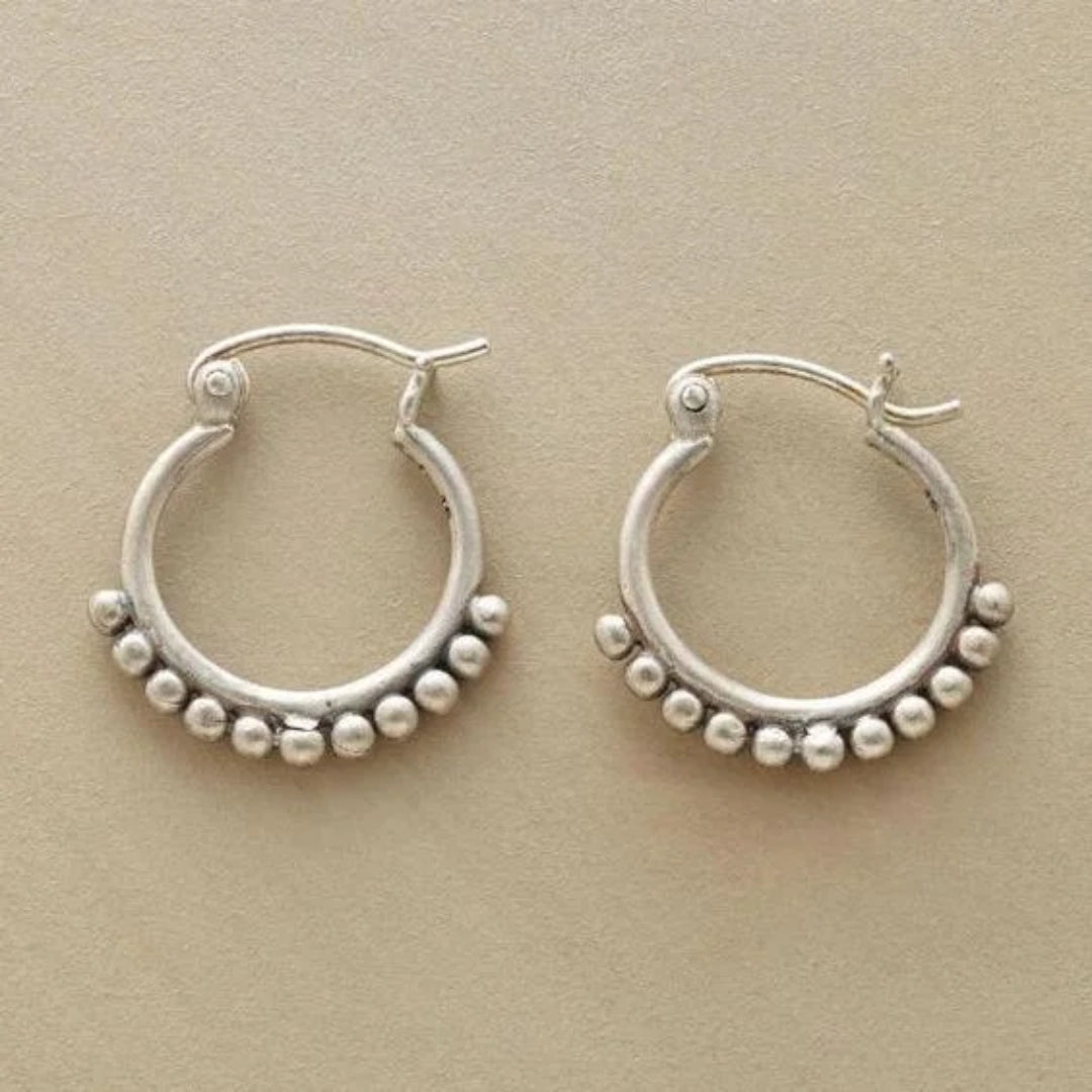 Vintage-Style Beaded Mini Hoop Earrings in Silver Colour
